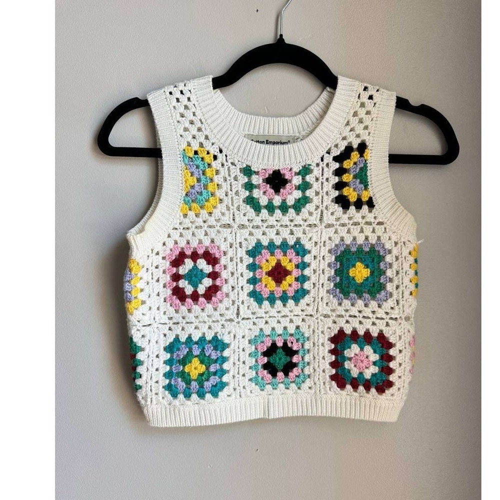 Cotton Emporium Colorful Granny Square Crochet Crop Top White Cottagecore Boho M